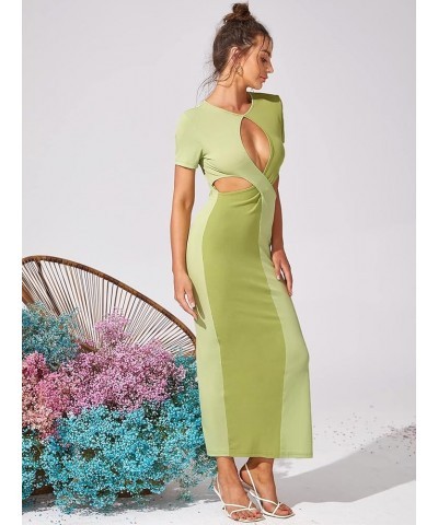 Women's Sexy Cut Out Keyhole Front Dress Split Side Hem Colorblock Short Sleeve Bodycon Casual Maxi Dresses Green $23.30 Dresses