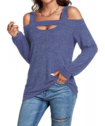 Women's Casual Cold Shoulder Hollow Out Solid Long Sleeve Blouse Tunic Shirts Top Blue $12.60 Blouses