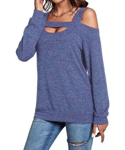 Women's Casual Cold Shoulder Hollow Out Solid Long Sleeve Blouse Tunic Shirts Top Blue $12.60 Blouses