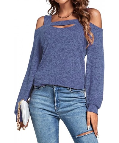 Women's Casual Cold Shoulder Hollow Out Solid Long Sleeve Blouse Tunic Shirts Top Blue $12.60 Blouses