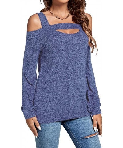 Women's Casual Cold Shoulder Hollow Out Solid Long Sleeve Blouse Tunic Shirts Top Blue $12.60 Blouses