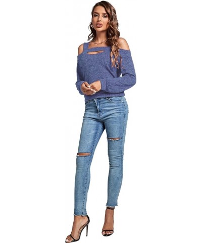 Women's Casual Cold Shoulder Hollow Out Solid Long Sleeve Blouse Tunic Shirts Top Blue $12.60 Blouses