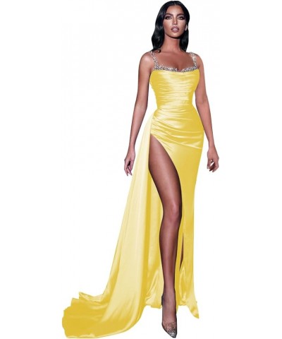 Women's Beaded Prom Dress Long Ball Gown Ruched Satin Bodycon Evening Formal Dress with Slit Yellow $27.95 Dresses