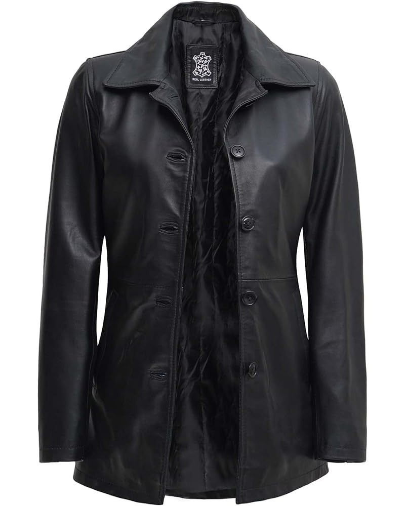 Lambskin Leather 3/4 Coat - A Fusion of Timeless Style & Modern Sophistication for Women Santiago Black Leather Jacket Women ...