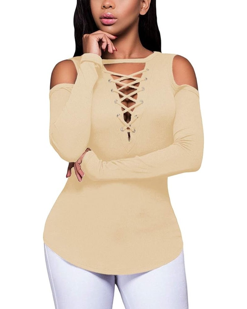 Women's Sexy V-Neck Cold Shoulder Long Sleeve Blouse Shirt Slim Lace-Up Ribbed Stretchy T-Shirt Top X-khaki $13.51 T-Shirts