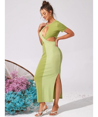 Women's Sexy Cut Out Keyhole Front Dress Split Side Hem Colorblock Short Sleeve Bodycon Casual Maxi Dresses Green $23.30 Dresses