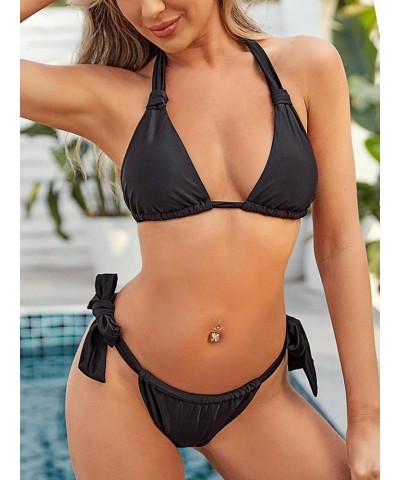 Women 2 Piece Swimsuits Smocked Satin Strap Brazilian Bikini Lace Up Swimsuit Bathing Suit Black-1 $13.79 Swimsuits