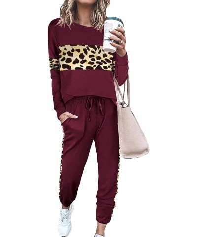 Women's Color Block 2 Piece Tracksuit Crewneck Long Sleeve Tops Long Sweatpants Outfits Lounge Sets Leopard Wine Red $26.39 A...