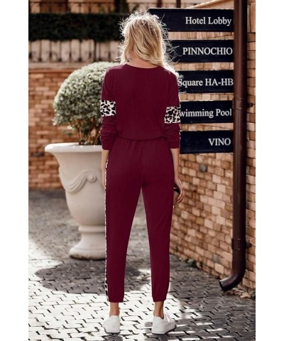 Women's Color Block 2 Piece Tracksuit Crewneck Long Sleeve Tops Long Sweatpants Outfits Lounge Sets Leopard Wine Red $26.39 A...