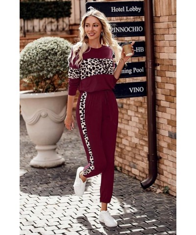 Women's Color Block 2 Piece Tracksuit Crewneck Long Sleeve Tops Long Sweatpants Outfits Lounge Sets Leopard Wine Red $26.39 A...