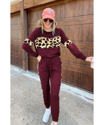 Women's Color Block 2 Piece Tracksuit Crewneck Long Sleeve Tops Long Sweatpants Outfits Lounge Sets Leopard Wine Red $26.39 A...