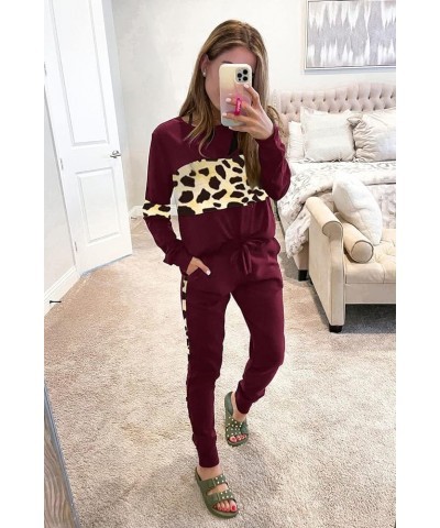 Women's Color Block 2 Piece Tracksuit Crewneck Long Sleeve Tops Long Sweatpants Outfits Lounge Sets Leopard Wine Red $26.39 A...