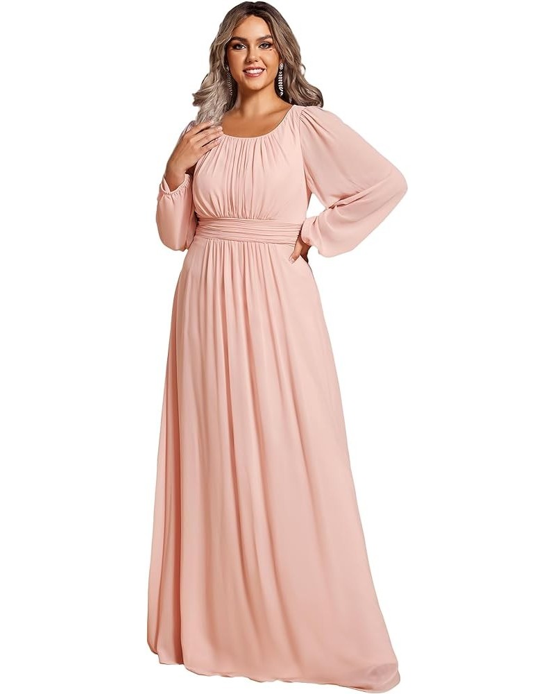 Women's Round Neck Long Lantern Sleeves Chiffon Pleated Long Evening Gown Plus Size Formal Dress 0106B-DA Pink $42.50 Dresses