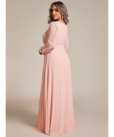 Women's Round Neck Long Lantern Sleeves Chiffon Pleated Long Evening Gown Plus Size Formal Dress 0106B-DA Pink $42.50 Dresses