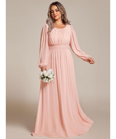 Women's Round Neck Long Lantern Sleeves Chiffon Pleated Long Evening Gown Plus Size Formal Dress 0106B-DA Pink $42.50 Dresses