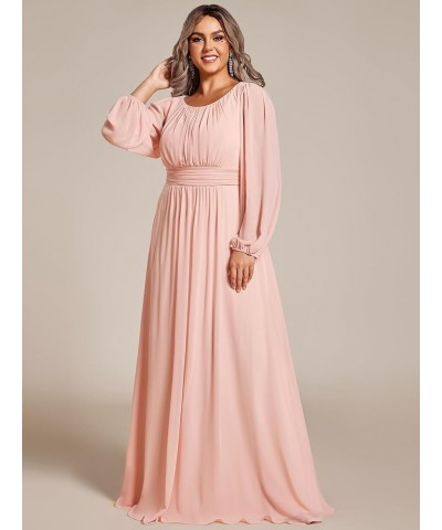 Women's Round Neck Long Lantern Sleeves Chiffon Pleated Long Evening Gown Plus Size Formal Dress 0106B-DA Pink $42.50 Dresses