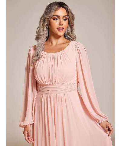 Women's Round Neck Long Lantern Sleeves Chiffon Pleated Long Evening Gown Plus Size Formal Dress 0106B-DA Pink $42.50 Dresses