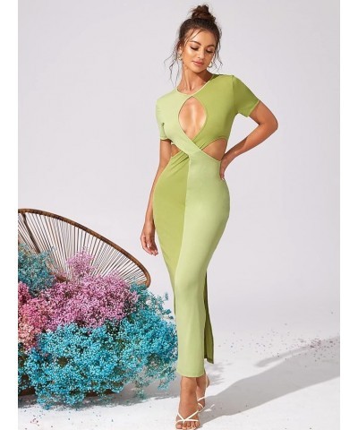 Women's Sexy Cut Out Keyhole Front Dress Split Side Hem Colorblock Short Sleeve Bodycon Casual Maxi Dresses Green $23.30 Dresses