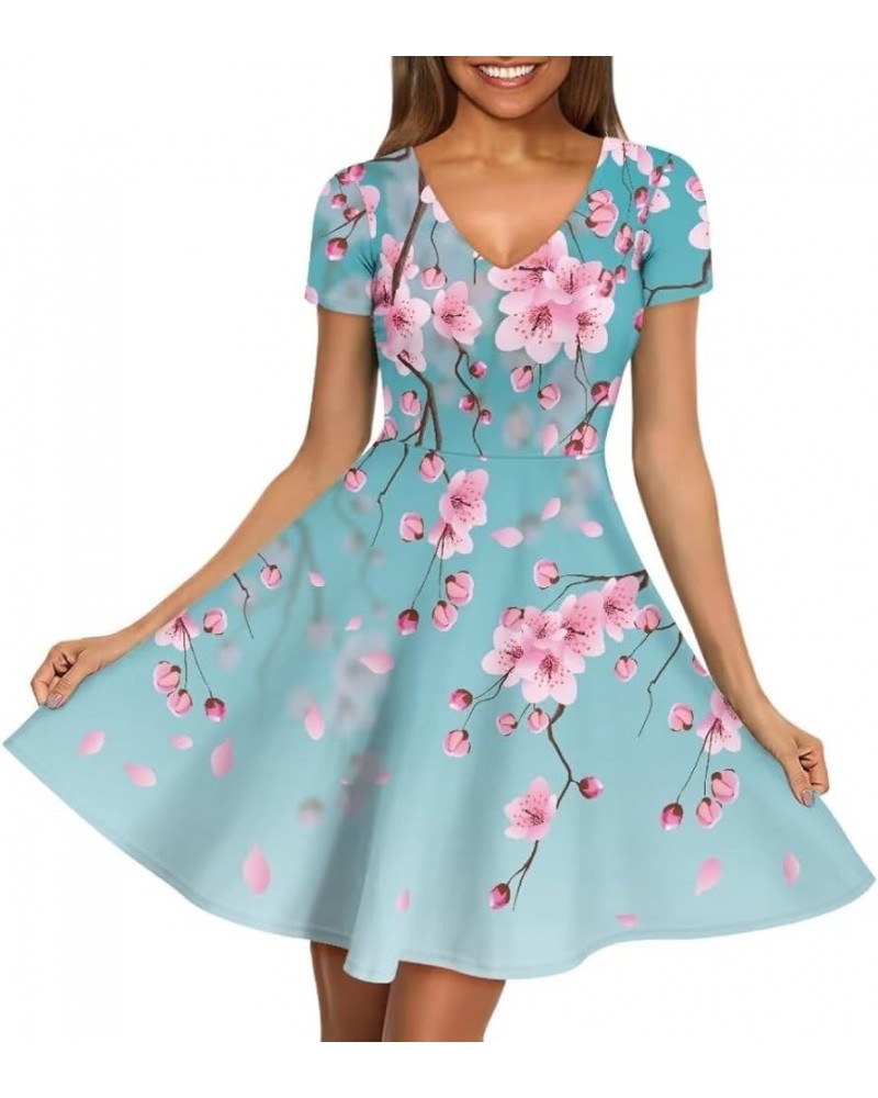 Summer Dress Women Beach V-Neck Sundresses Girls Skirts Casual Short Sleeve Novelty Swing Midi Dress Cherry Blossom Print $15...