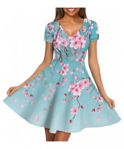 Summer Dress Women Beach V-Neck Sundresses Girls Skirts Casual Short Sleeve Novelty Swing Midi Dress Cherry Blossom Print $15...