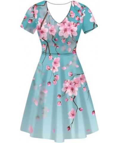 Summer Dress Women Beach V-Neck Sundresses Girls Skirts Casual Short Sleeve Novelty Swing Midi Dress Cherry Blossom Print $15...