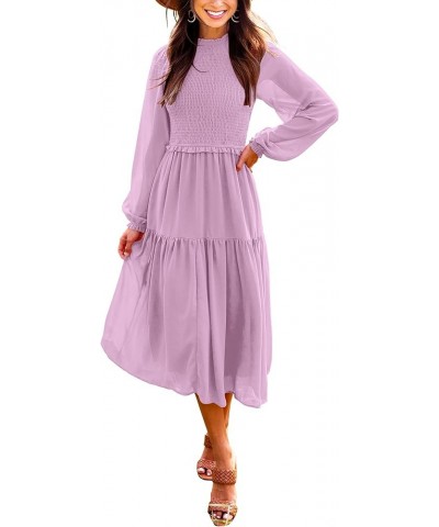 Womens Long Sleeve Crew Neck Smocked Elastic Waist Tiered Midi Dress Boho Sun Dresses Pink $10.35 Dresses