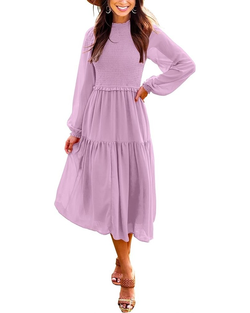 Womens Long Sleeve Crew Neck Smocked Elastic Waist Tiered Midi Dress Boho Sun Dresses Pink $10.35 Dresses