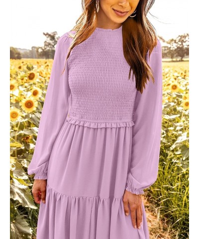 Womens Long Sleeve Crew Neck Smocked Elastic Waist Tiered Midi Dress Boho Sun Dresses Pink $10.35 Dresses