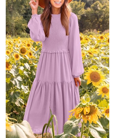 Womens Long Sleeve Crew Neck Smocked Elastic Waist Tiered Midi Dress Boho Sun Dresses Pink $10.35 Dresses