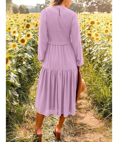 Womens Long Sleeve Crew Neck Smocked Elastic Waist Tiered Midi Dress Boho Sun Dresses Pink $10.35 Dresses