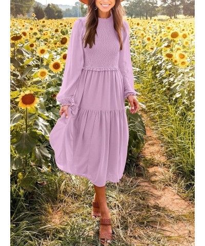 Womens Long Sleeve Crew Neck Smocked Elastic Waist Tiered Midi Dress Boho Sun Dresses Pink $10.35 Dresses