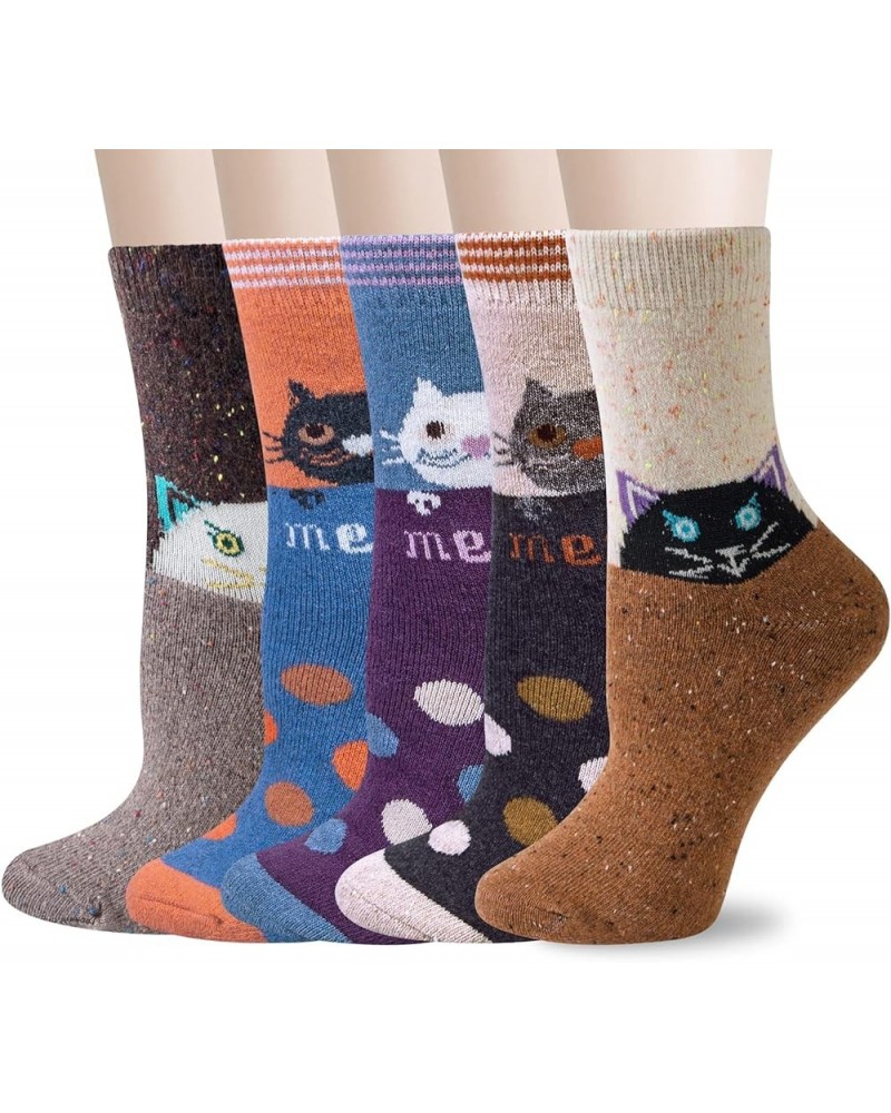 5 Pairs Womens Wool Socks Thick Knit Warm Winter Socks Cozy Comfy Socks Gifts for Women Zz-cat Series 1 $8.83 Socks