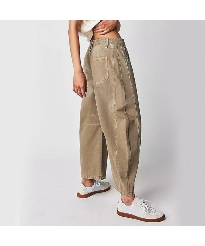 Mid Rise Barrel Jeans for Women Wide Leg Mid Waist Baggy Jeans Loose Y2K Boyfriend Jeans Trendy Stretchy Cargo Pants A5-khaki...