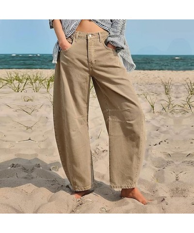 Mid Rise Barrel Jeans for Women Wide Leg Mid Waist Baggy Jeans Loose Y2K Boyfriend Jeans Trendy Stretchy Cargo Pants A5-khaki...