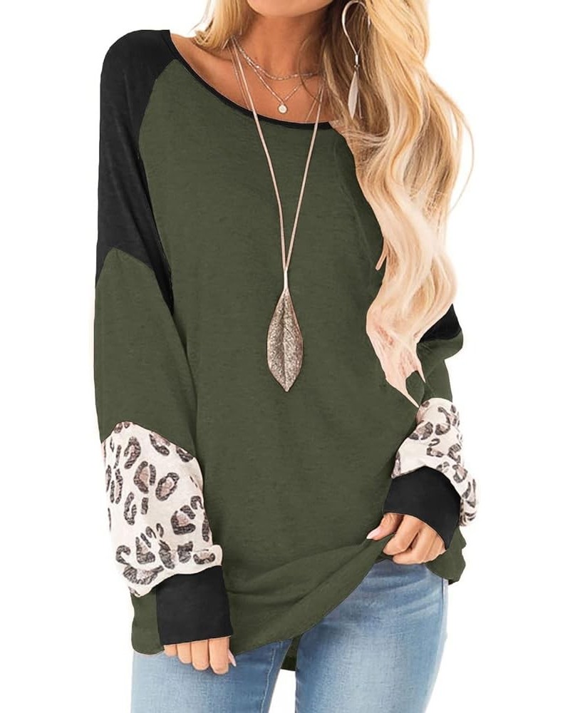 Womens Color Block Pullover Leopard Print Sweatshirt Raglan Long Sleeve Loose Tunic Shirts Tops Army Green $11.99 Tops