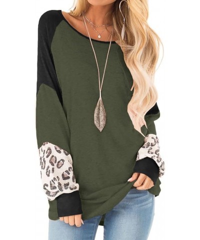 Womens Color Block Pullover Leopard Print Sweatshirt Raglan Long Sleeve Loose Tunic Shirts Tops Army Green $11.99 Tops