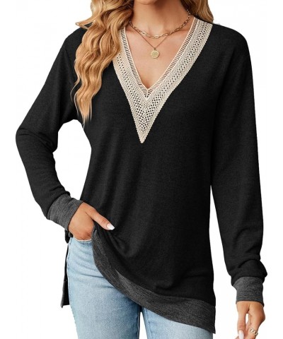 Womens V Neck Sweater Pullovers Sweatshirt Color Block Fall Shirts Long Sleeve Side Split Tunic Tops Black $12.74 Tops