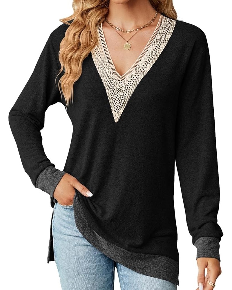 Womens V Neck Sweater Pullovers Sweatshirt Color Block Fall Shirts Long Sleeve Side Split Tunic Tops Black $12.74 Tops