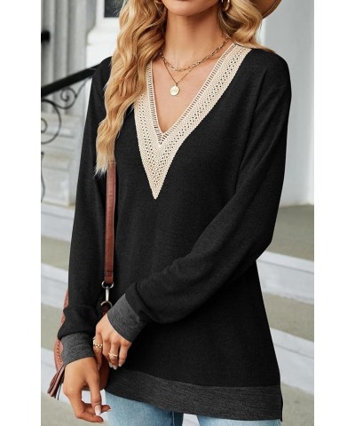 Womens V Neck Sweater Pullovers Sweatshirt Color Block Fall Shirts Long Sleeve Side Split Tunic Tops Black $12.74 Tops