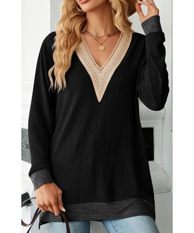 Womens V Neck Sweater Pullovers Sweatshirt Color Block Fall Shirts Long Sleeve Side Split Tunic Tops Black $12.74 Tops