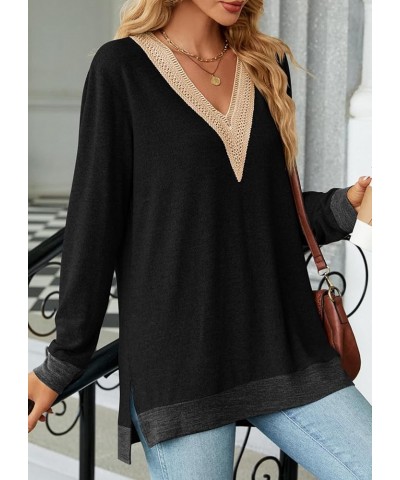 Womens V Neck Sweater Pullovers Sweatshirt Color Block Fall Shirts Long Sleeve Side Split Tunic Tops Black $12.74 Tops