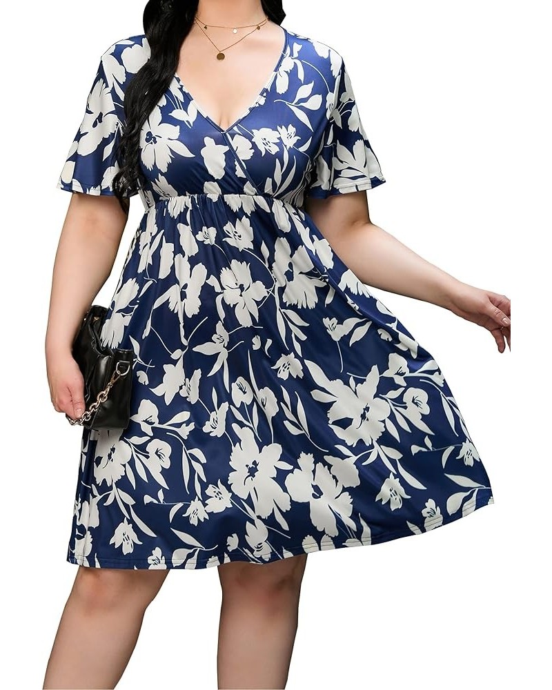 Plus Size Dress Women's V Neck A-Line Knee Length Wrap Swing Dresses Plus Size A Line Party Mini Dress Navy Blue Big Flower $...