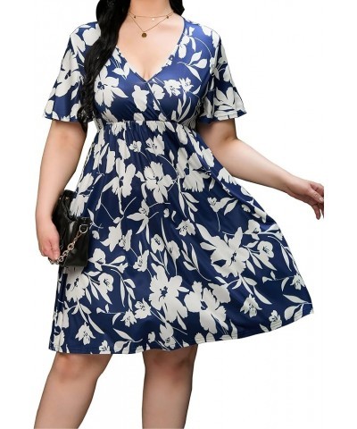 Plus Size Dress Women's V Neck A-Line Knee Length Wrap Swing Dresses Plus Size A Line Party Mini Dress Navy Blue Big Flower $...