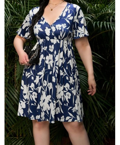 Plus Size Dress Women's V Neck A-Line Knee Length Wrap Swing Dresses Plus Size A Line Party Mini Dress Navy Blue Big Flower $...