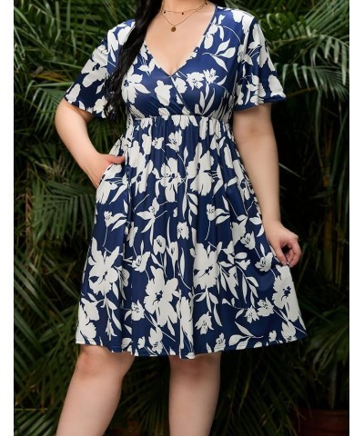 Plus Size Dress Women's V Neck A-Line Knee Length Wrap Swing Dresses Plus Size A Line Party Mini Dress Navy Blue Big Flower $...