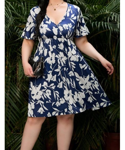 Plus Size Dress Women's V Neck A-Line Knee Length Wrap Swing Dresses Plus Size A Line Party Mini Dress Navy Blue Big Flower $...