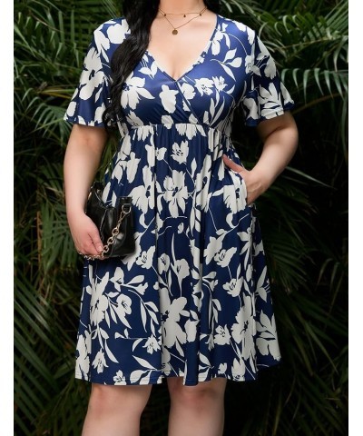 Plus Size Dress Women's V Neck A-Line Knee Length Wrap Swing Dresses Plus Size A Line Party Mini Dress Navy Blue Big Flower $...