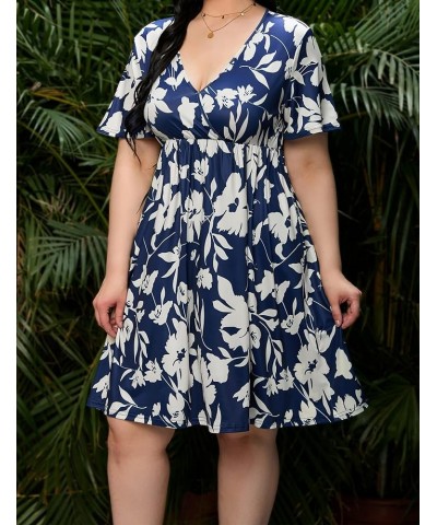 Plus Size Dress Women's V Neck A-Line Knee Length Wrap Swing Dresses Plus Size A Line Party Mini Dress Navy Blue Big Flower $...