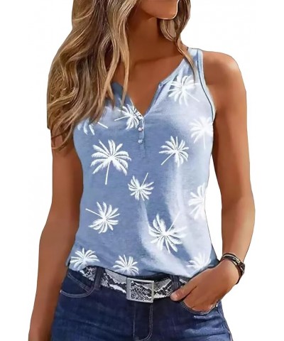 Coconut Tree Button Notched Neck Tank Tops for Women Sleeveless Henley Shirts Ribbed Button Racerback Tops Blue $11.19 Tanks