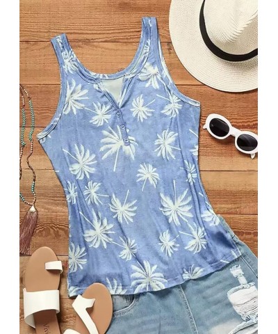 Coconut Tree Button Notched Neck Tank Tops for Women Sleeveless Henley Shirts Ribbed Button Racerback Tops Blue $11.19 Tanks